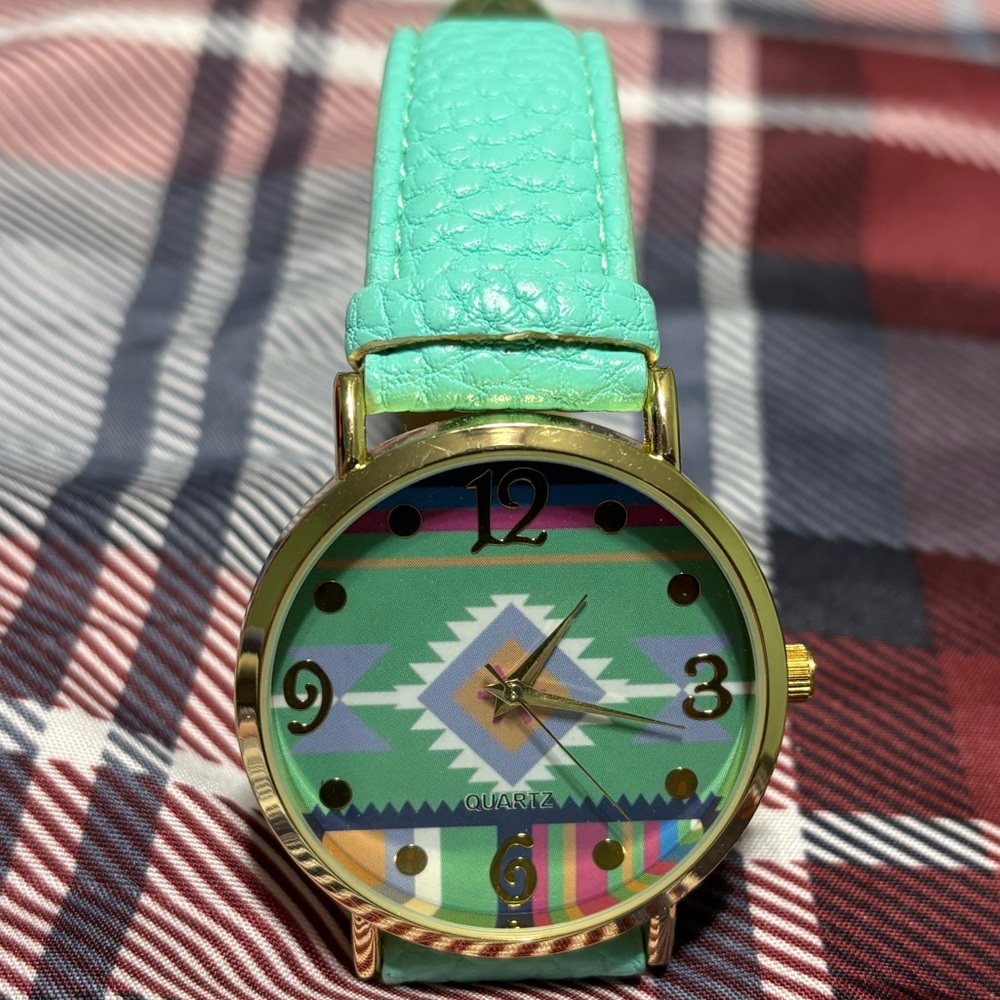 Colorful Patterned Watch with Mint Green Strap